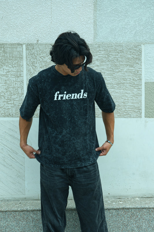 Black Acid Wash Friends Graphic Printed Oversized T-Shirt