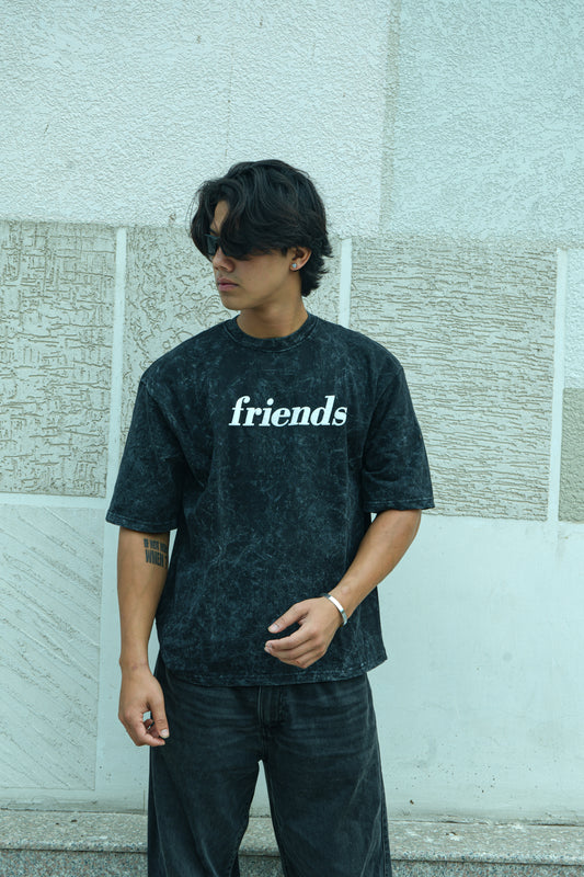 Black Acid Wash Friends Graphic Printed Oversized T-Shirt