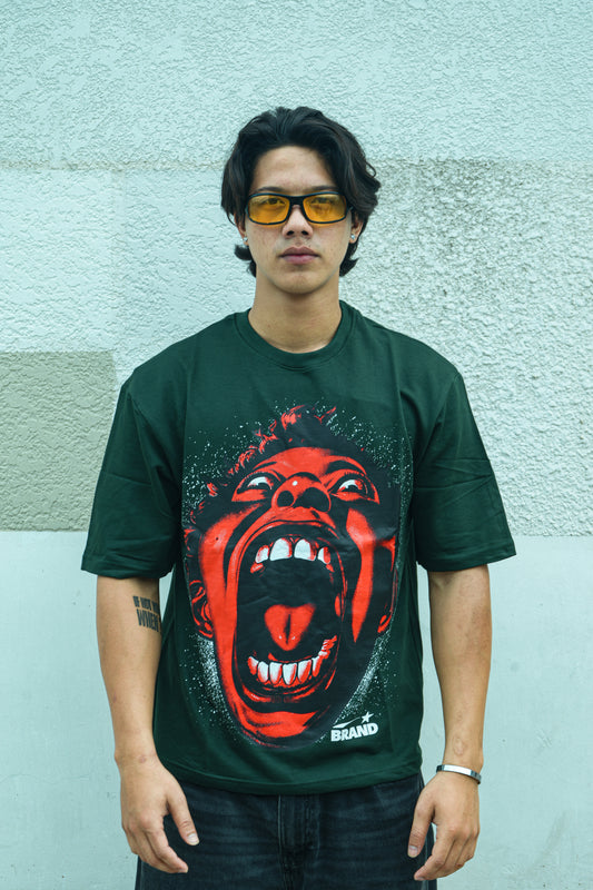 Red Face Graphic Oversized T-Shirt – Dark Green