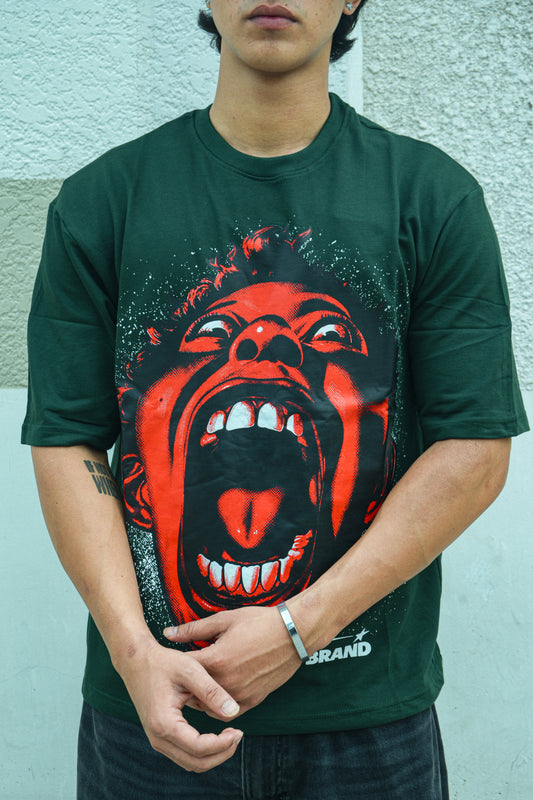 Red Face Graphic Oversized T-Shirt – Dark Green