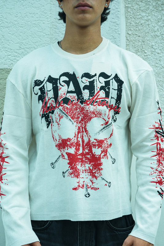 Vintage Skull Graphic Ribbed Long Sleeve White T-Shirt waffles