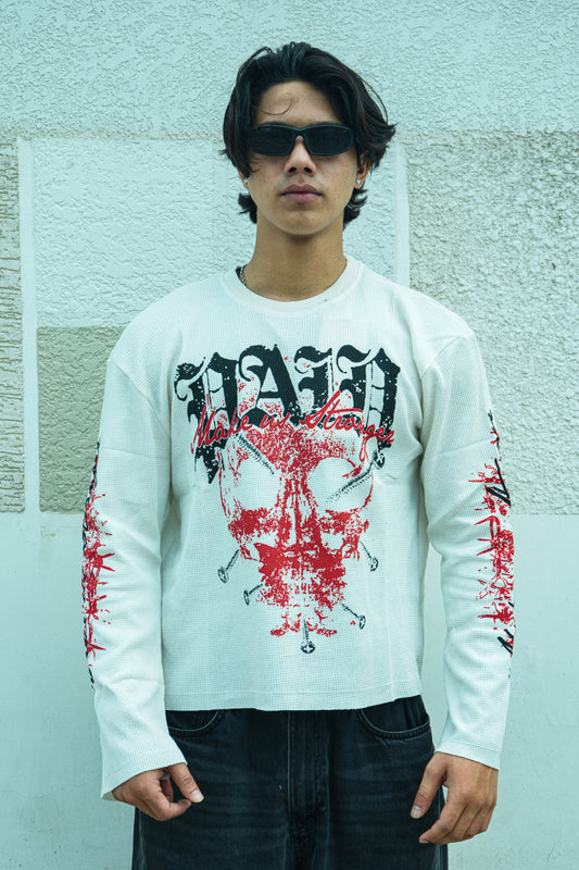Vintage Skull Graphic Ribbed Long Sleeve White T-Shirt waffles